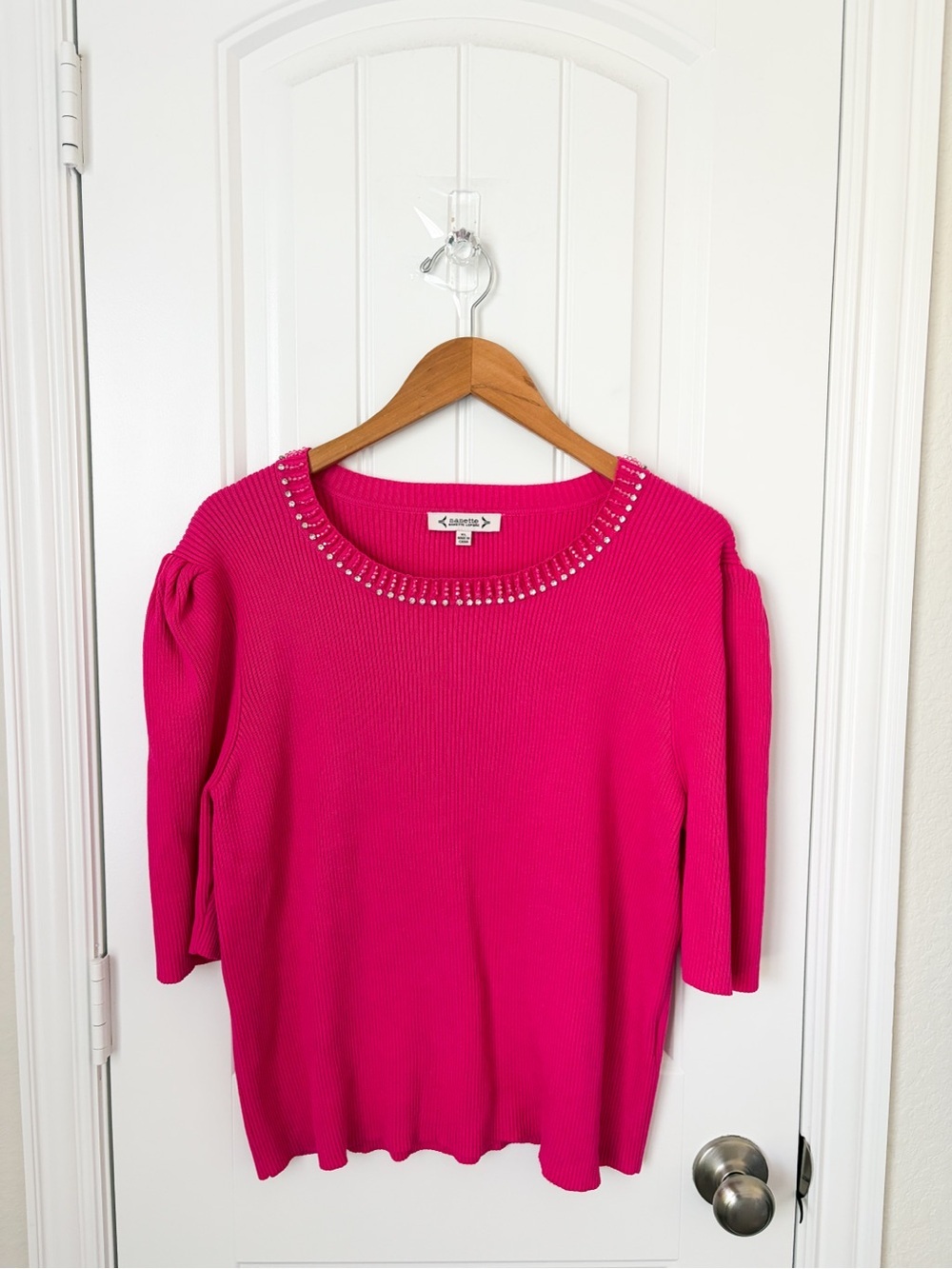Nanette Lenore Hot Pink Scoop Neck Beaded Sweater Top Size XL